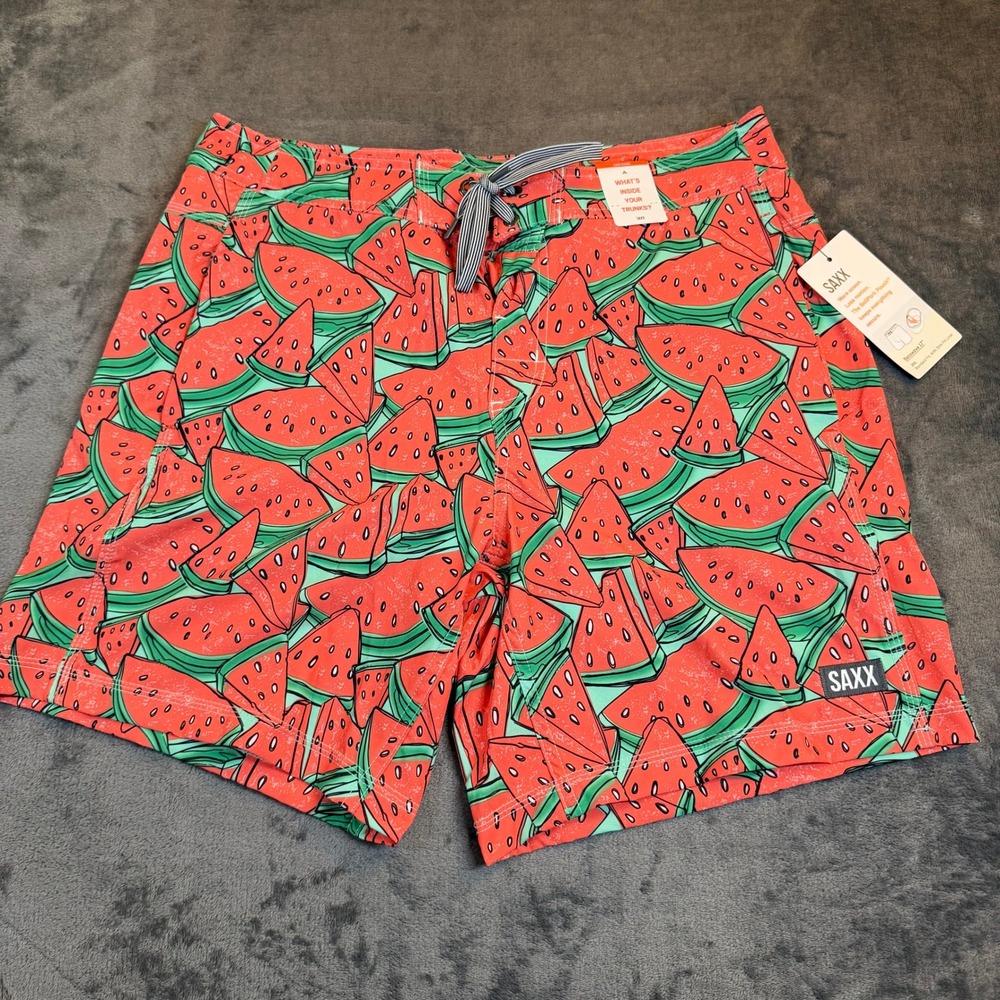 Saxx Betawave 17" Swim Trunks Mens 34 Red Watermelon BallPark Pouch NWT